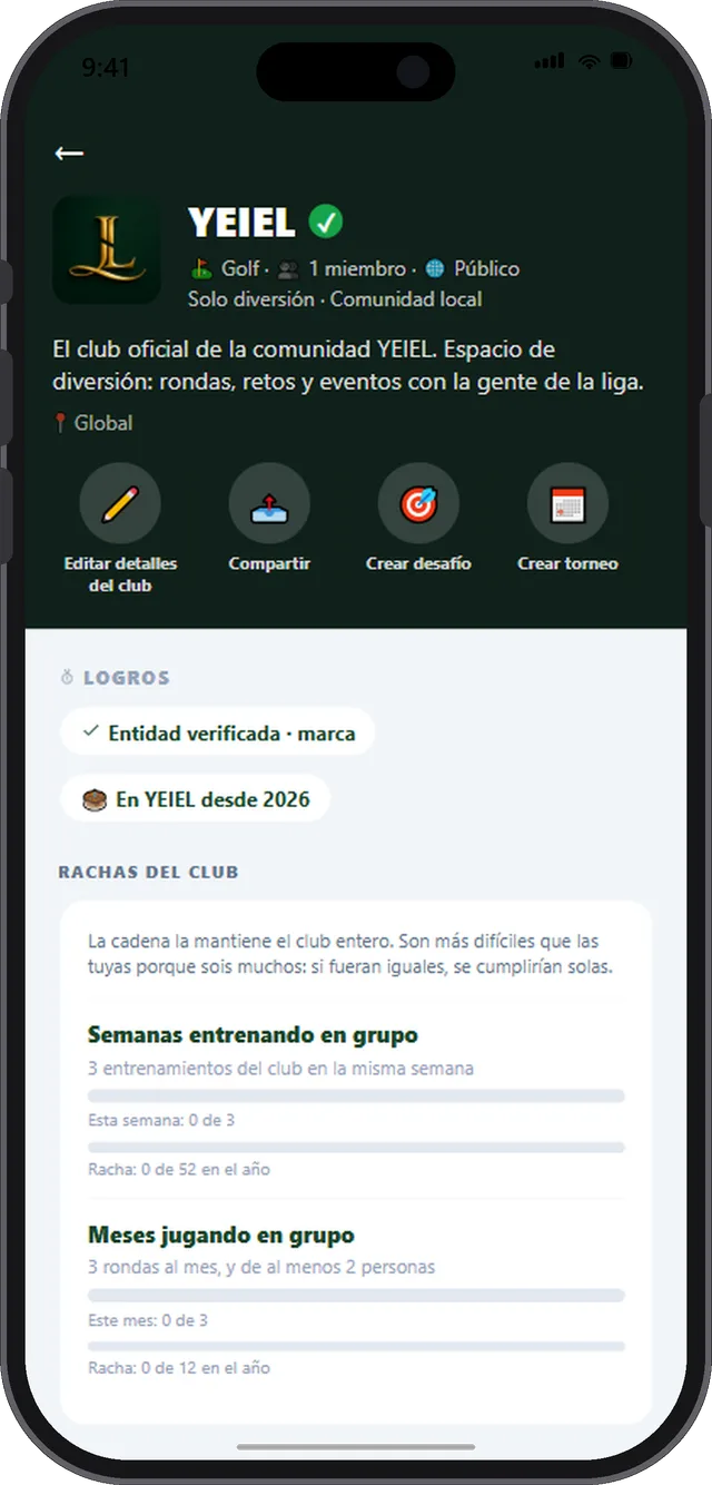 La vista de un club por dentro: editar, compartir, crear desafío, crear torneo, crear liga, invitar jugadores, y las metas y logros del club.