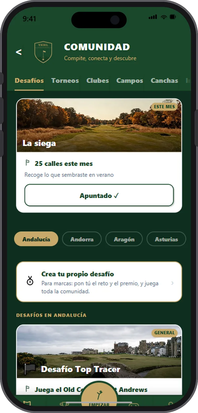 Los desafíos del mes con la foto del campo, el filtro por comunidad autónoma y el botón de crear tu propio desafío.