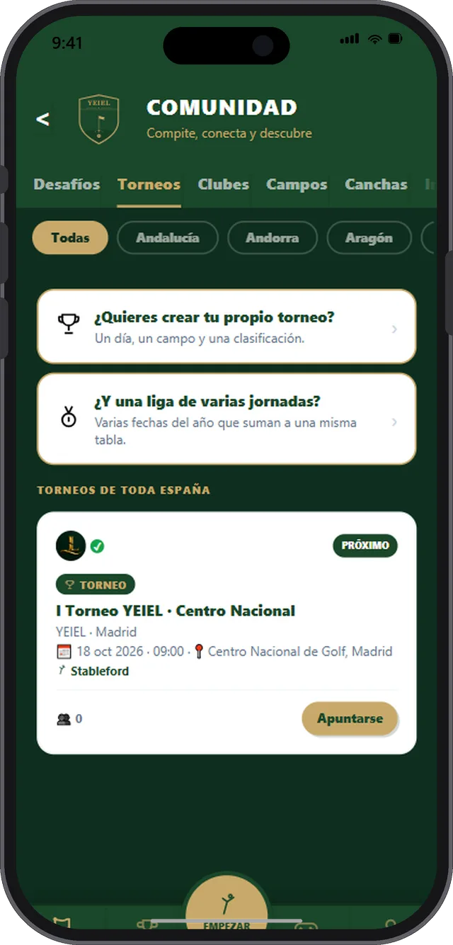 El tablón de torneos: el I Torneo YEIEL en el Centro Nacional, con el sello del club verificado, la fecha, la modalidad y el botón de apuntarse.