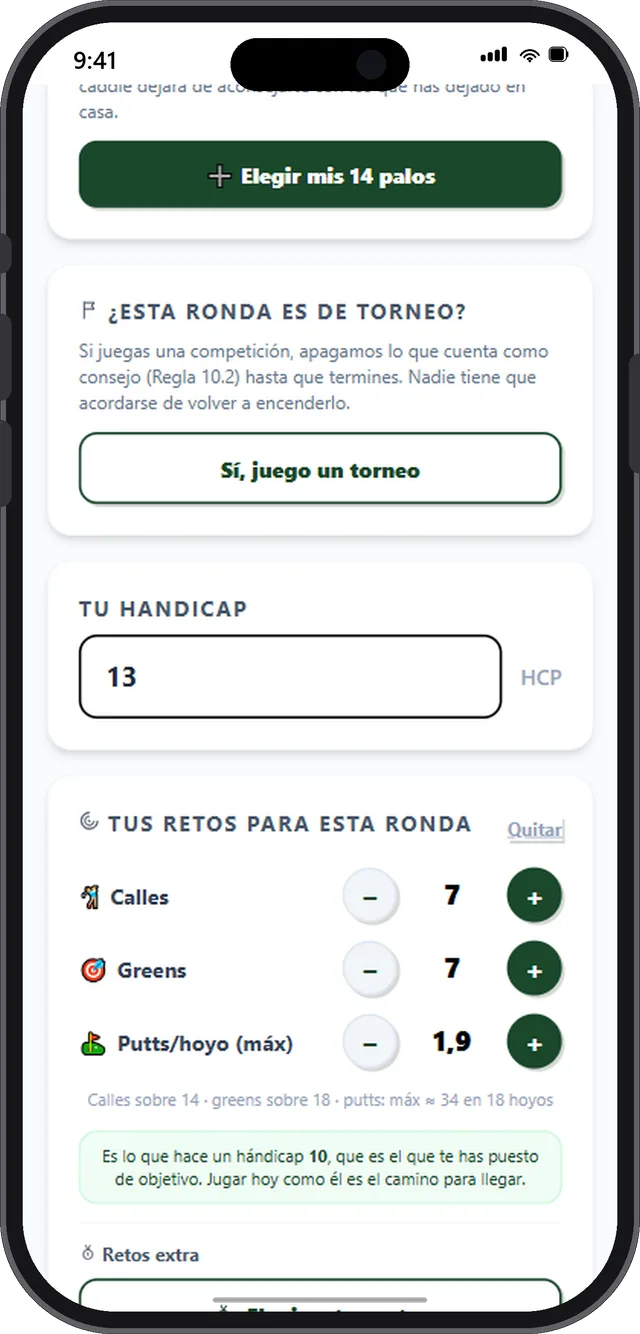 Configuración de la ronda: los catorce palos de la bolsa, el interruptor de torneo, el hándicap y los retos del día — siete calles, siete greens y 1,9 putts.