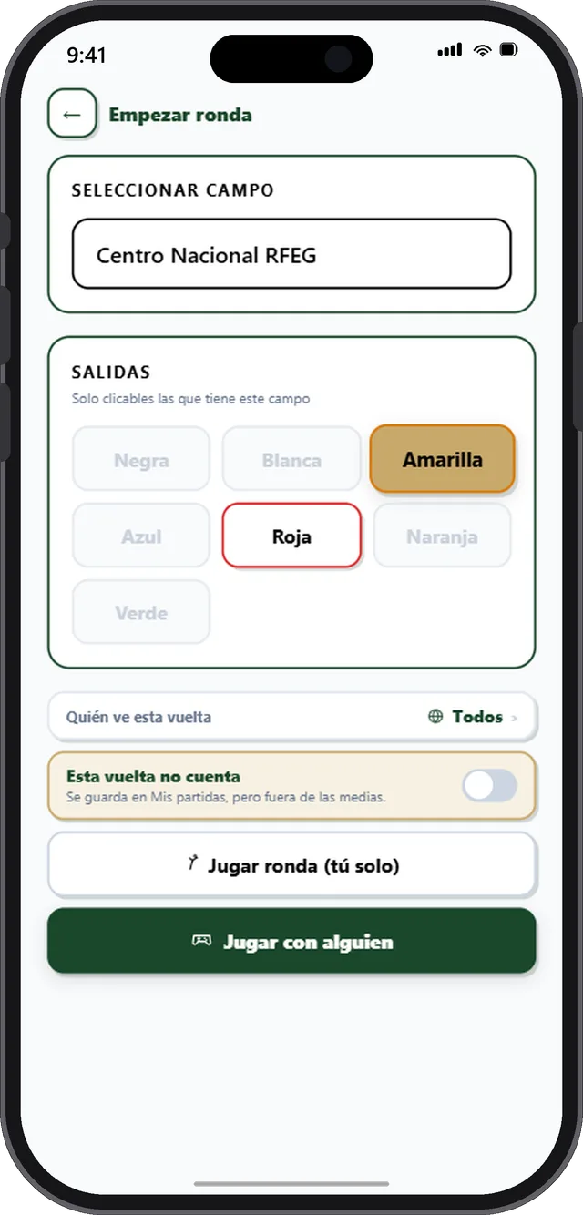 Ajustes de la ronda: las salidas por color del campo, quién puede ver la vuelta y el interruptor de «esta vuelta no cuenta».
