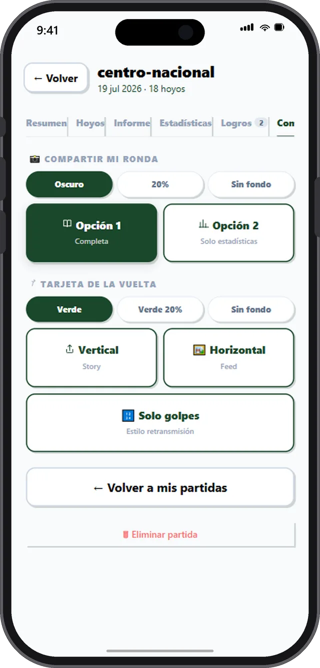 Las opciones para compartir la ronda: tarjeta completa o solo estadísticas, el fondo y el formato vertical para historias u horizontal para el feed.