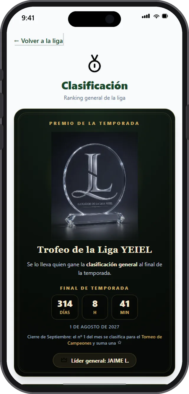 La clasificación de la Liga, con el trofeo de cristal y la cuenta atrás al final de la temporada.