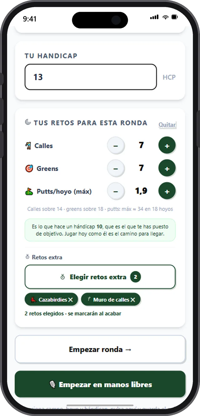 Todo listo para empezar, con los retos de la vuelta como etiquetas y los dos botones: empezar normal o empezar en manos libres.