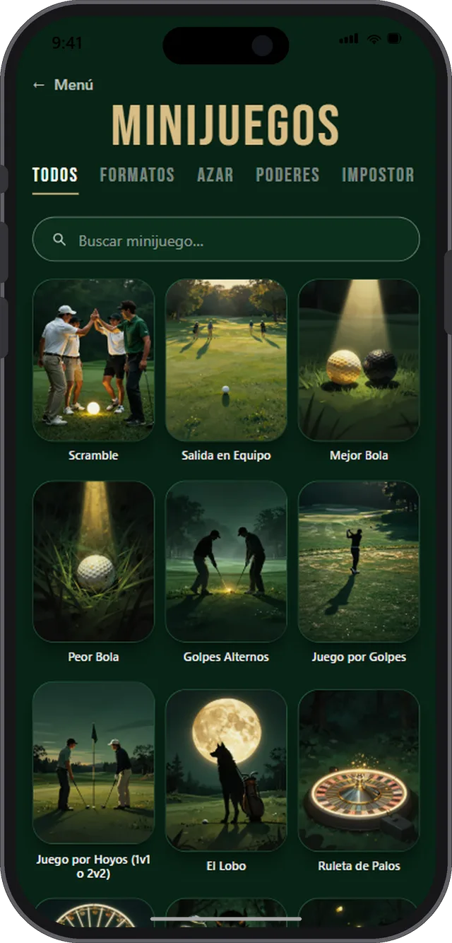 El menú de minijuegos: una parrilla de pósters con las familias de juegos — formatos, azar, poderes e impostor.