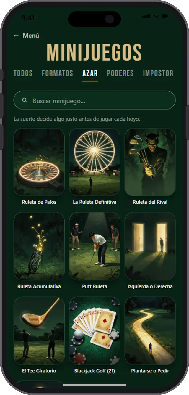 La familia de juegos de azar: las ruletas de palos, el blackjack de golf, el tee giratorio y los de estilo Mario Kart.