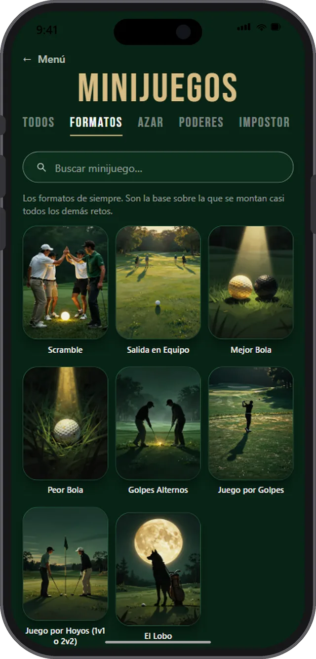 La familia de formatos de siempre dentro de los minijuegos: scramble, mejor bola, peor bola, golpes alternos, juego por golpes y juego por hoyos.