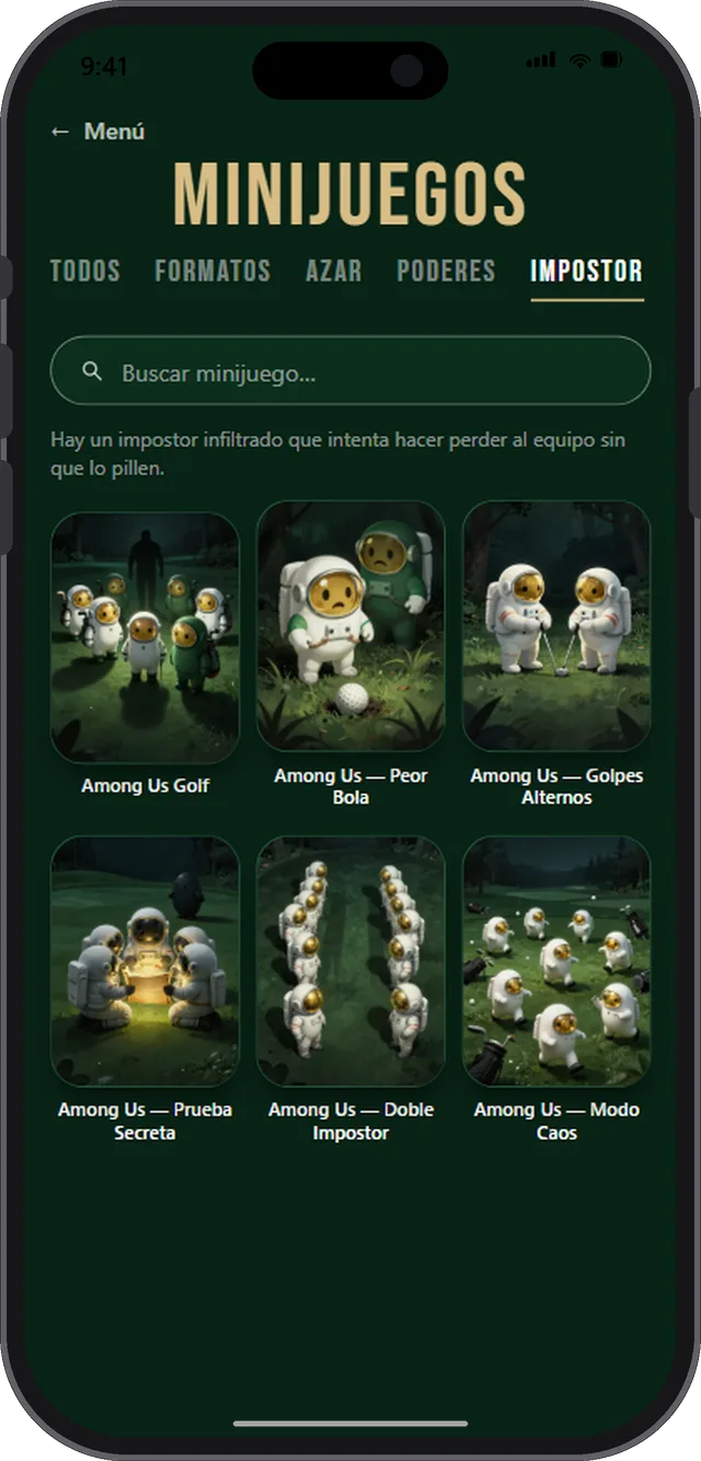 La familia del impostor, al estilo Among Us: impostor simple, doble impostor, prueba secreta y modo caos.