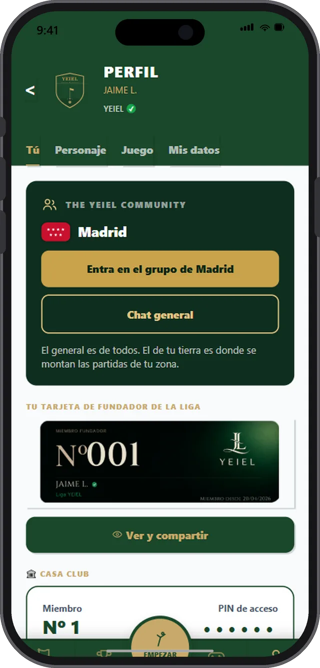 El perfil dentro de la app, con el grupo de la comunidad, el chat general y la tarjeta de miembro fundador.