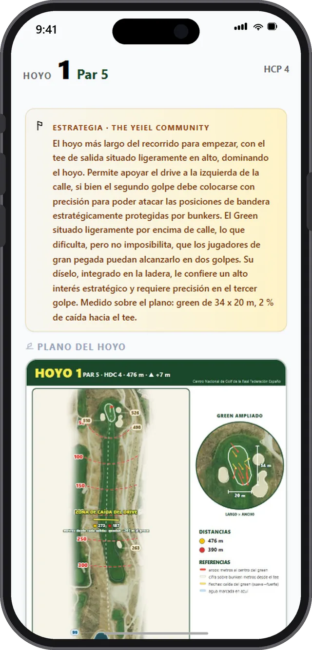 La estrategia escrita del hoyo 1 — par 5, hándicap 4, 476 metros — y debajo el plano del libro de campo con la zona de caída del drive y el green ampliado.