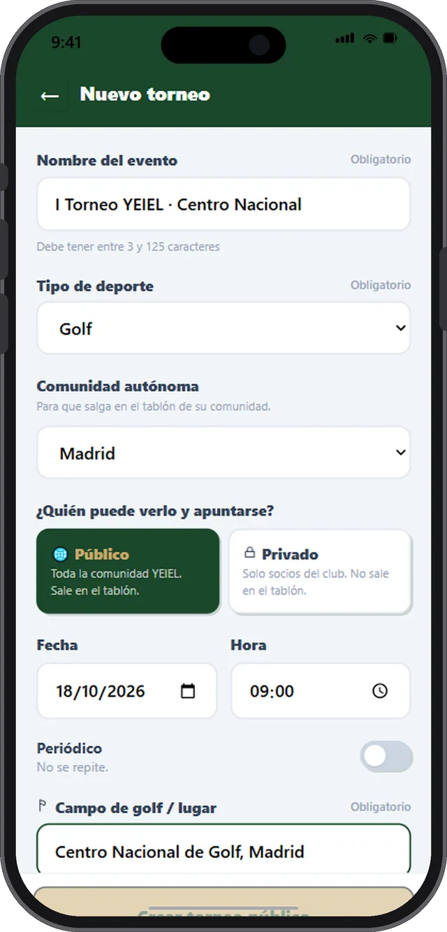El formulario para crear un torneo: nombre, comunidad, público o privado, fecha, campo, modalidad, tipo de evento y aforo.