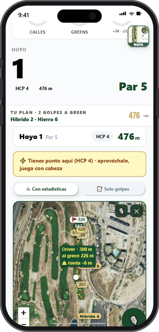La ortofoto real del hoyo vista desde arriba, con el plan de juego dibujado encima: driver a 300 metros, 226 al green y el híbrido 4 marcado.
