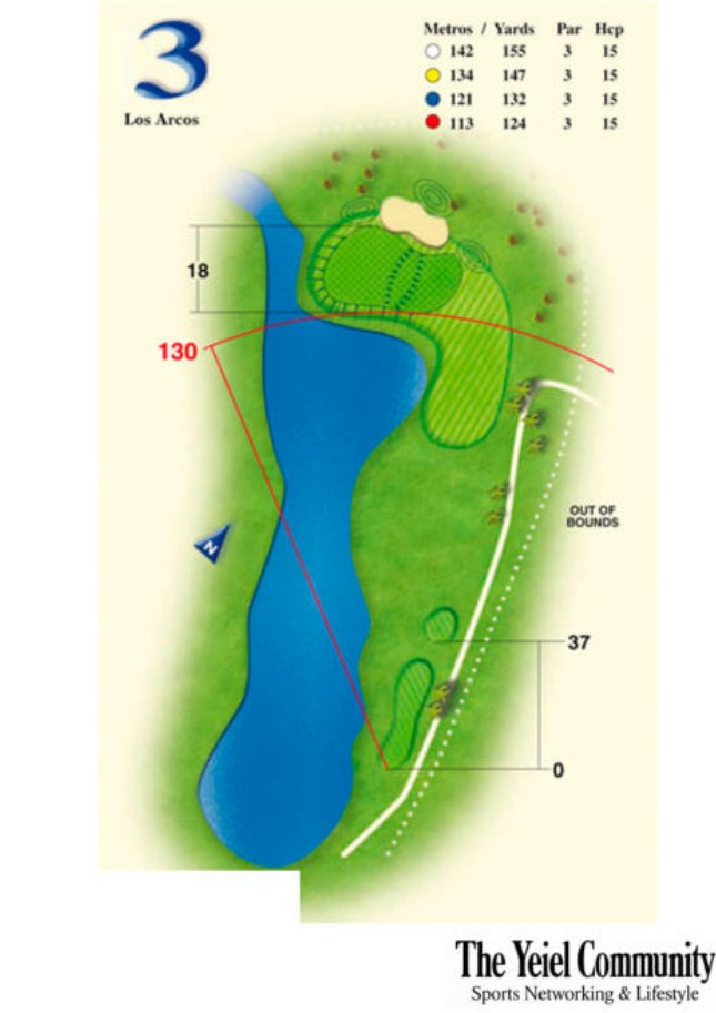 Plano del hoyo 3 de Alicante Golf, par 3, 142 metros