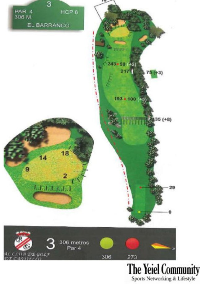 Plano del hoyo 3 de Castiello Golf, par 4, 306 metros