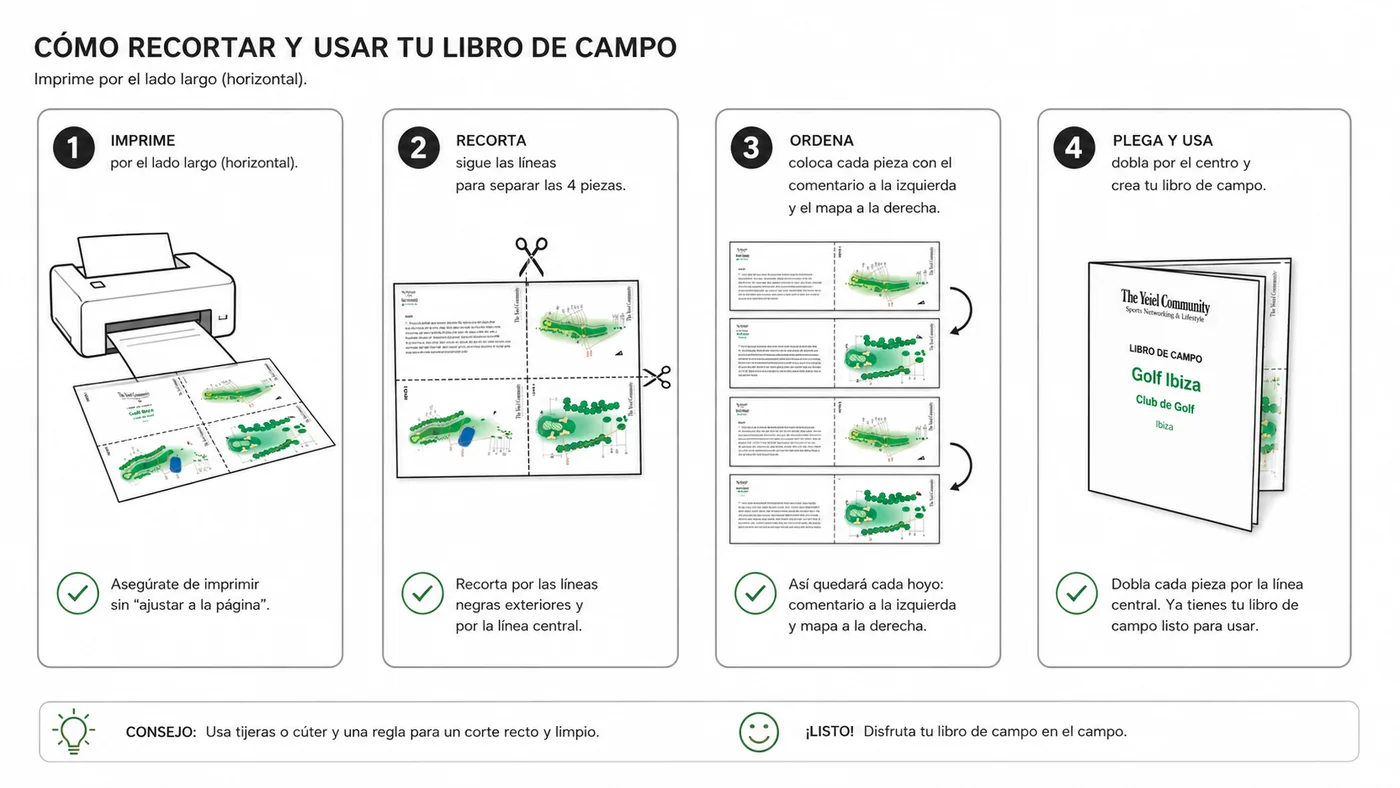 Instrucciones para imprimir, recortar, ordenar y plegar el libro de campo de Naturávila Golf (Golf El Fresnillo)