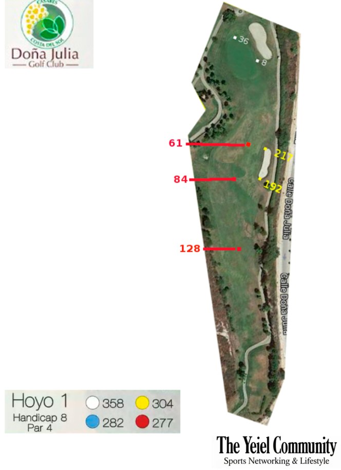 Plano del hoyo 1 de Doña Julia Golf, par 4, 368 metros