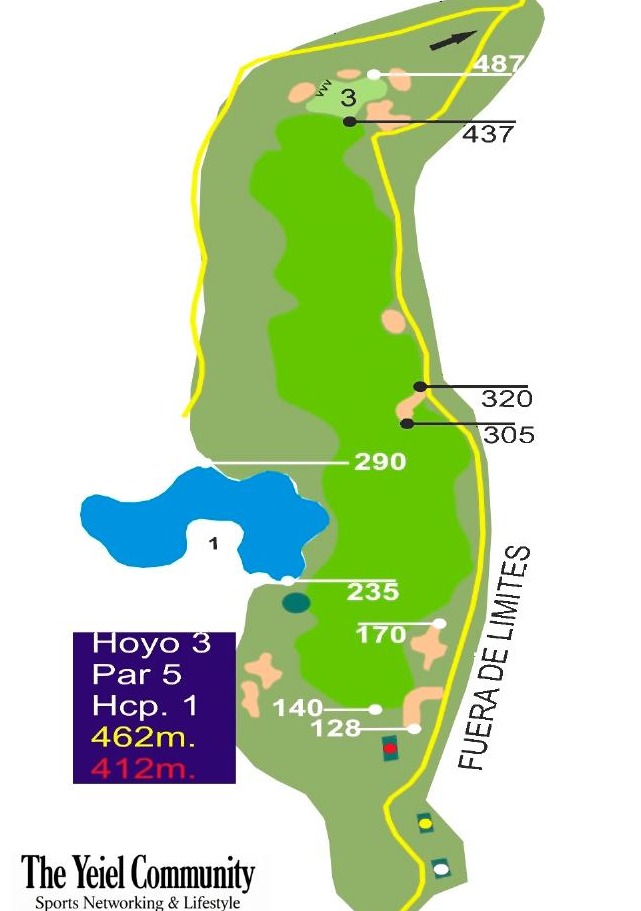 Plano del hoyo 3 de El Robledal Golf, par 5, 462 metros