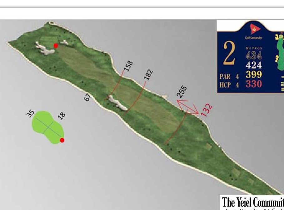 Plano del hoyo 2 de Golf Santander, par 4, 424 metros