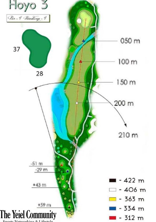 Plano del hoyo 3 de La Faisanera Golf, par 4, 406 metros