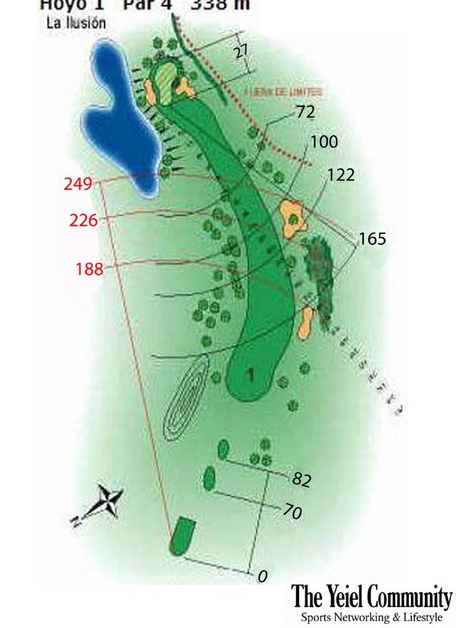 Plano del hoyo 1 de La Moraleja I, par 4, 338 metros
