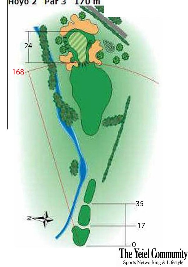 Plano del hoyo 2 de La Moraleja I, par 3, 170 metros