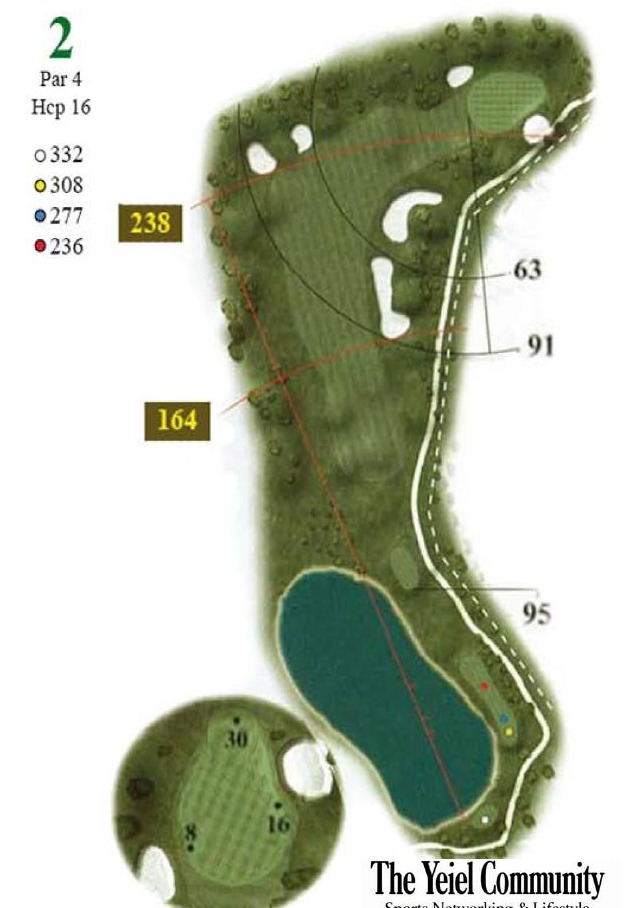 Plano del hoyo 2 de Layos Golf, par 4, 332 metros
