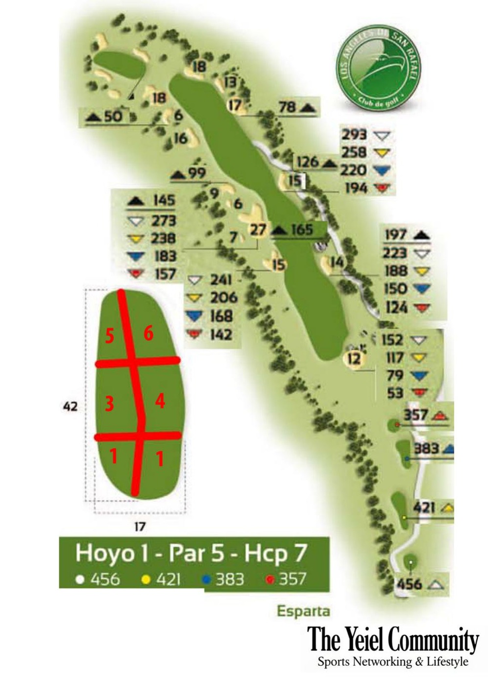 Plano del hoyo 1 de Los Ángeles de San Rafael, par 5, 456 metros