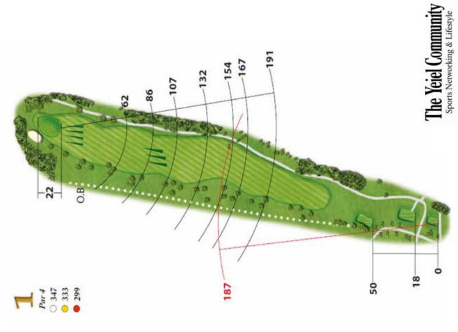 Plano del hoyo 1 de Los Arqueros Golf & Country Club, par 4, 347 metros