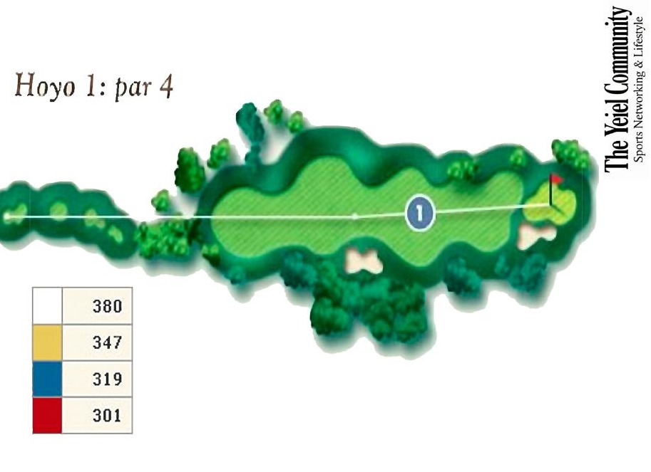 Plano del hoyo 1 de Palomarejos Golf, par 4, 380 metros