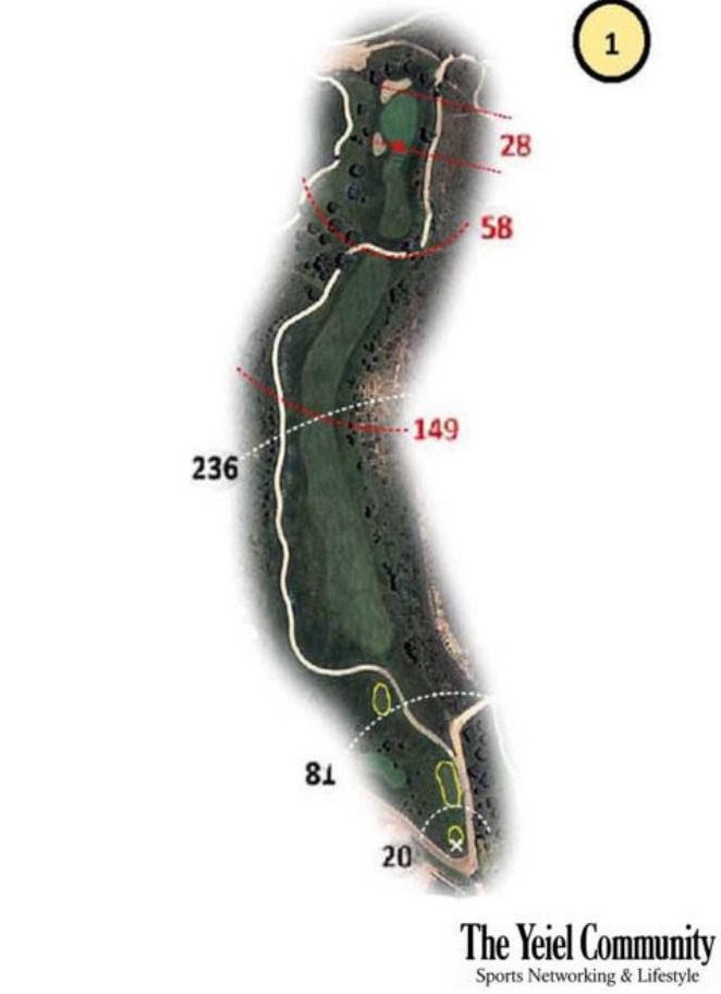 Plano del hoyo 1 de Retamares Golf, par 4, 323 metros