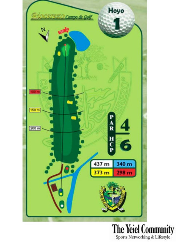 Plano del hoyo 1 de Riocerezo Club de Golf, par 4, 437 metros