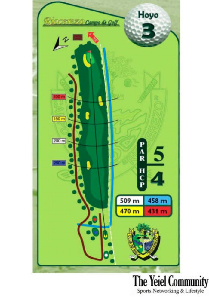 Plano del hoyo 3 de Riocerezo Club de Golf, par 5, 509 metros