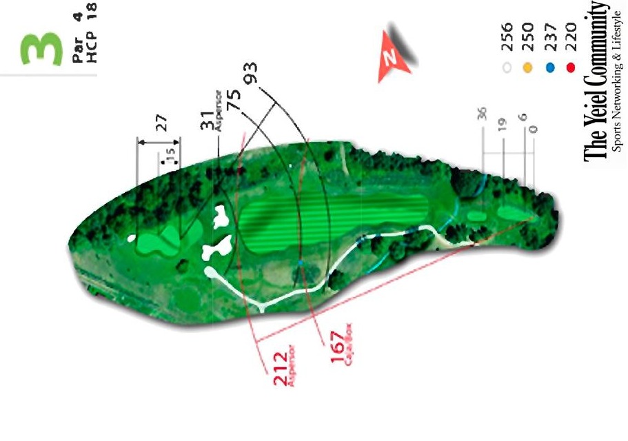 Plano del hoyo 3 de Club de Golf Sojuela, par 4, 256 metros