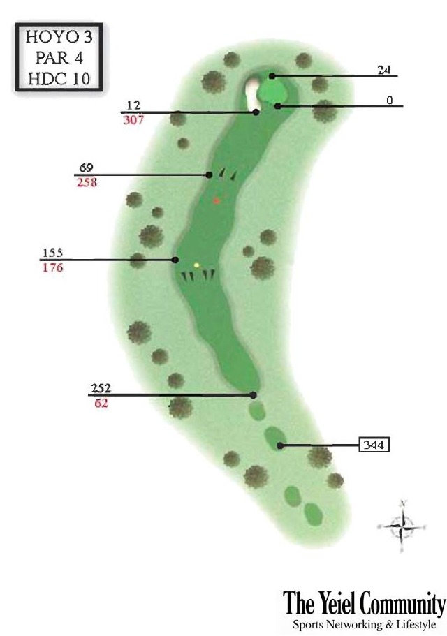 Plano del hoyo 3 de Talayuela Golf, par 4, 344 metros