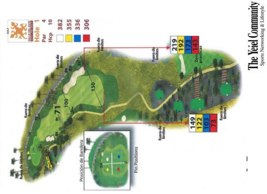 Plano del hoyo 1 de Valle del Este, par 4, 382 metros