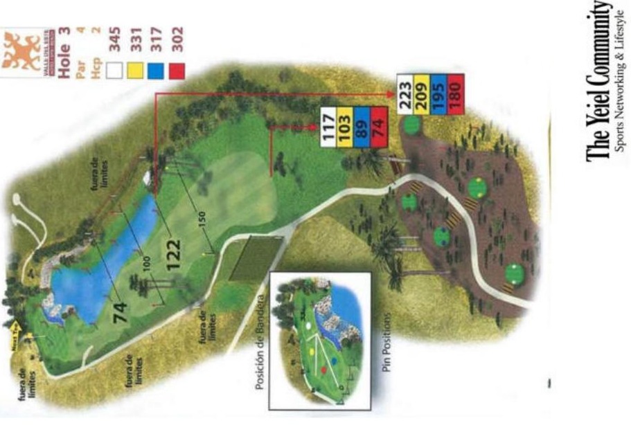 Plano del hoyo 3 de Valle del Este, par 4, 345 metros
