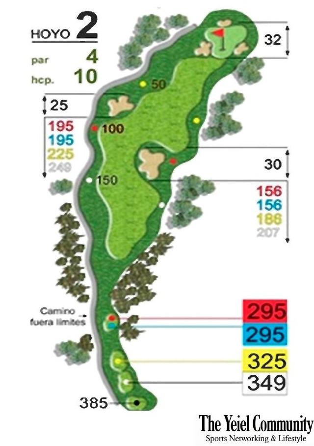 Plano del hoyo 2 de Villaitana Levante, par 4, 349 metros