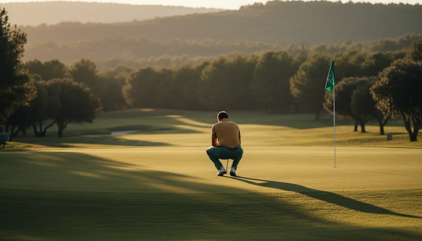 Golfista de espaldas leyendo un putt en el green a última hora de la tarde, concentrado