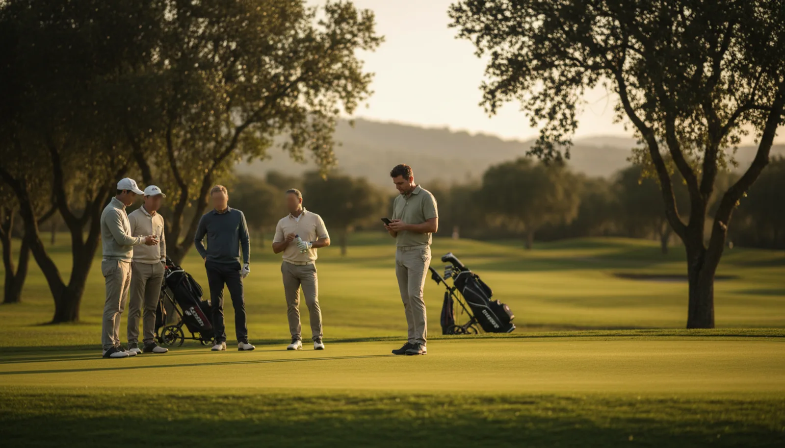 Cuatro golfistas reunidos junto al green al atardecer mientras uno anota en el móvil