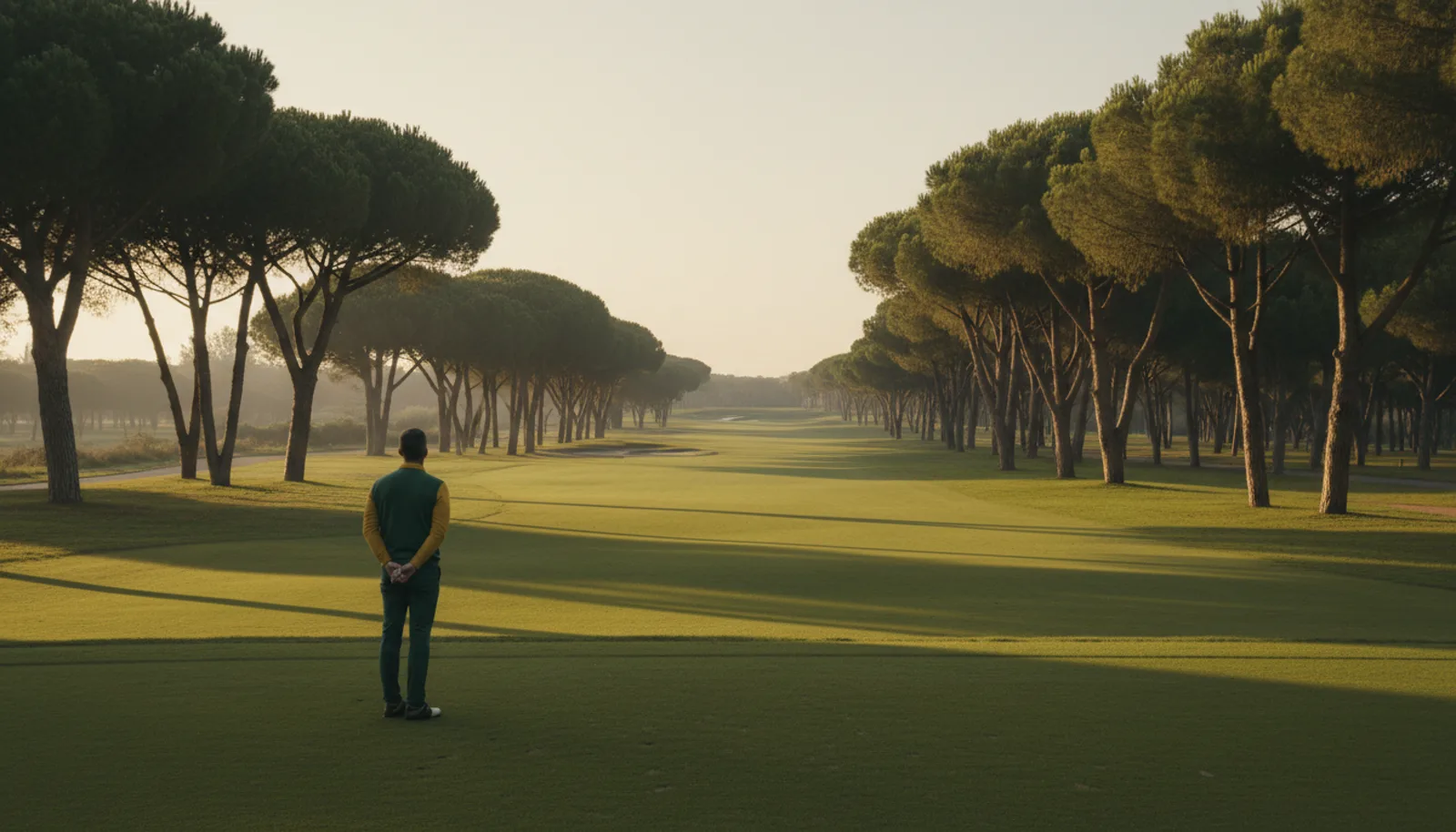 Golfista de espaldas en el tee mirando la calle al amanecer, con el móvil guardado en el bolsillo