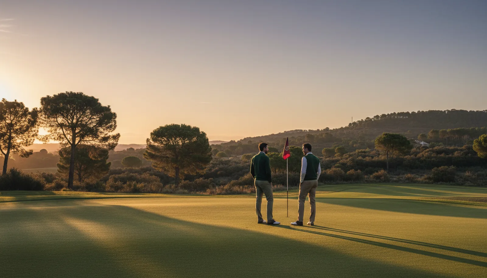 Dos golfistas charlando junto al green al final de la tarde, con la bandera y las sombras largas