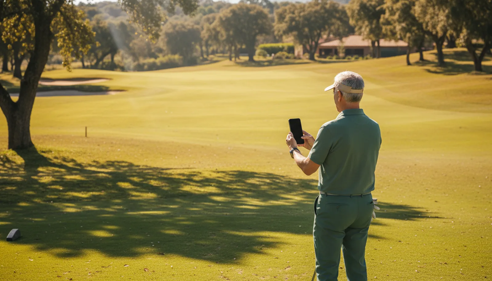 Golfista mayor consultando el móvil a la luz fuerte del mediodía en la calle de un campo