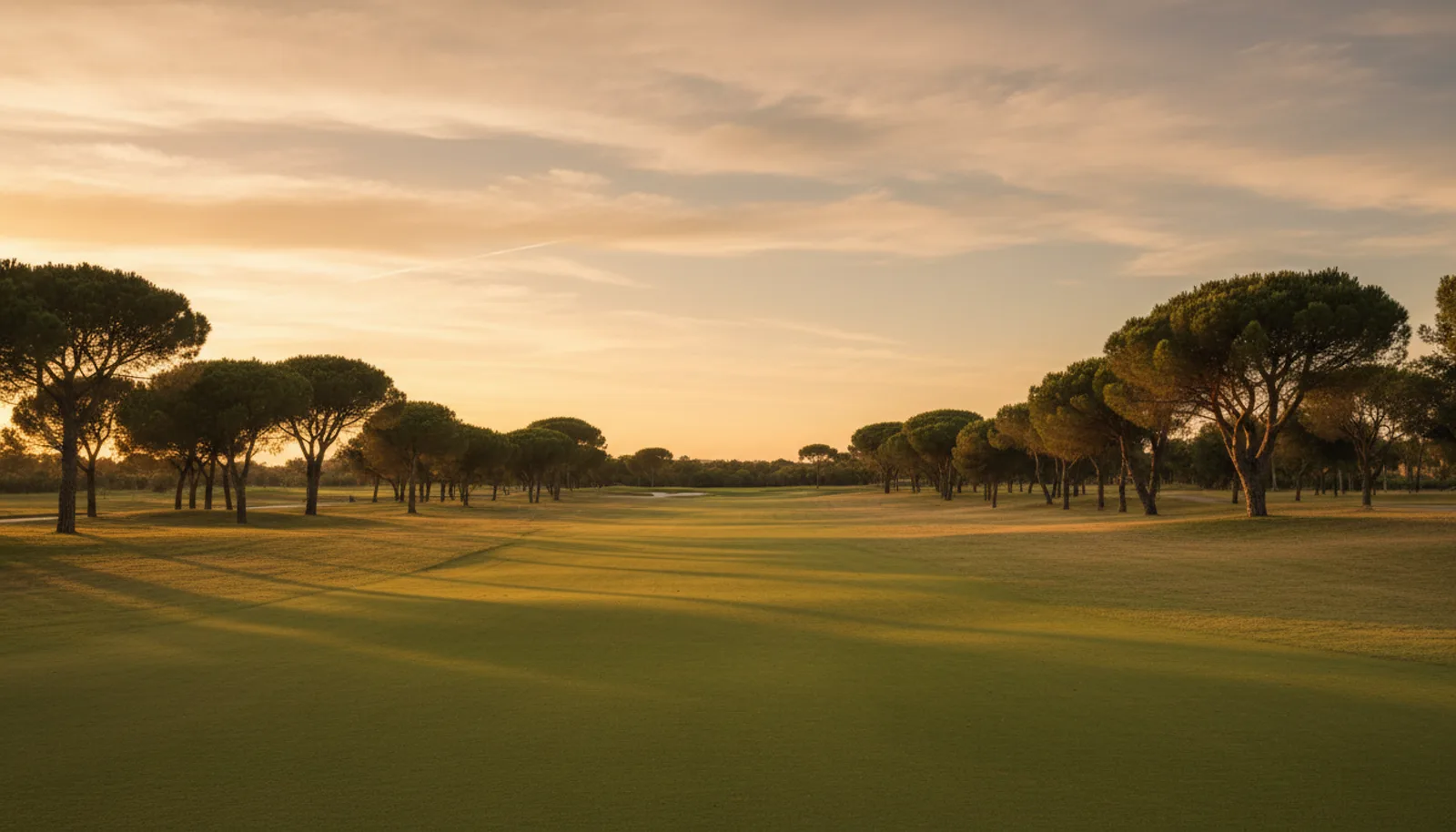 Calle de un campo de golf español completamente vacía a la luz dorada del atardecer