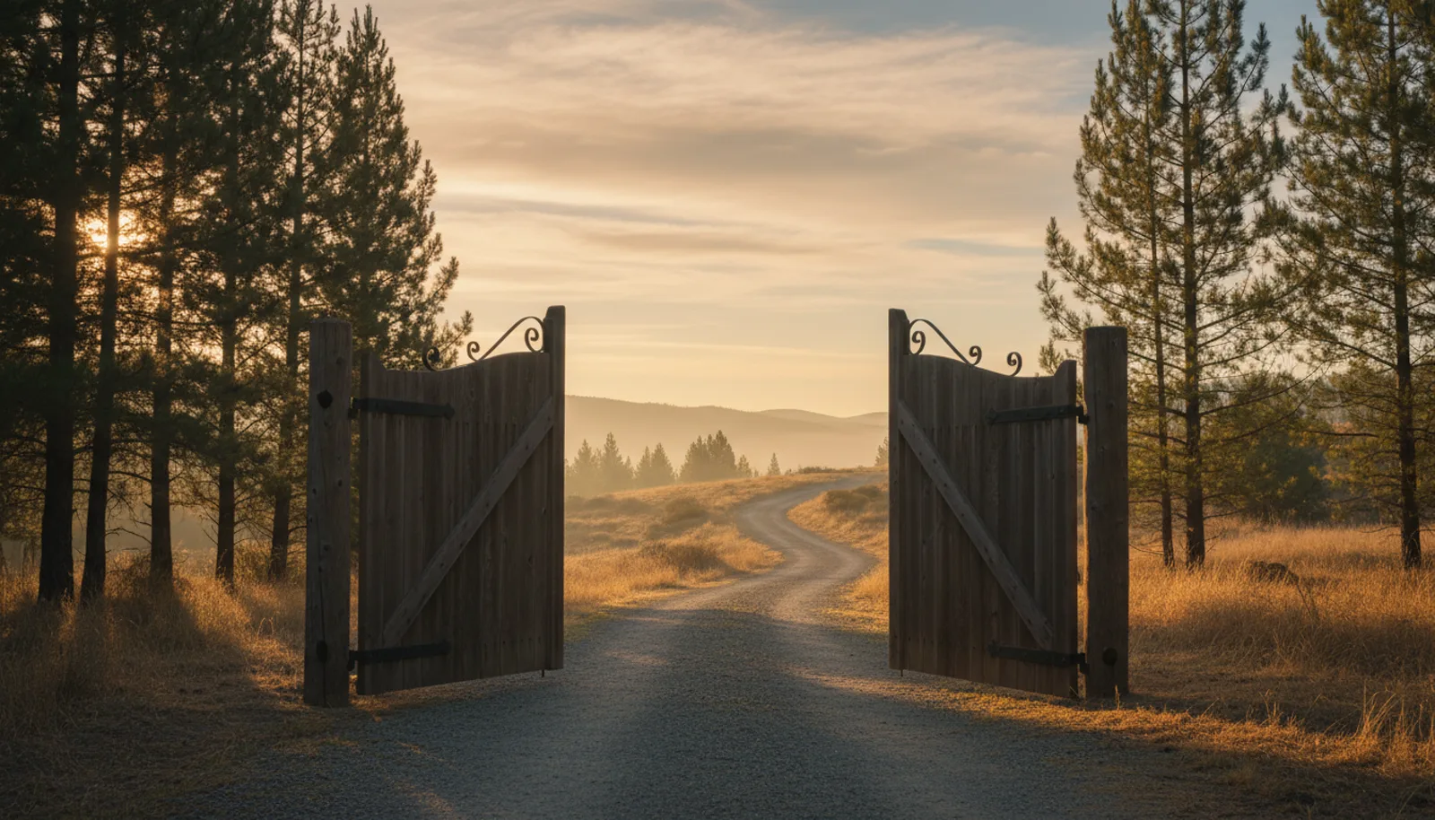 Cancela de madera abierta en el camino de entrada a un campo de golf español al amanecer