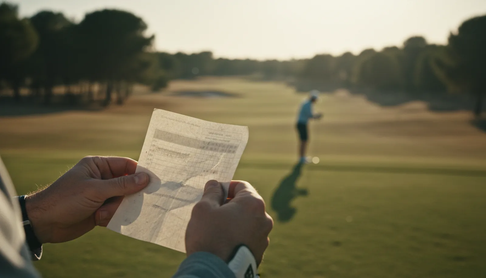 Tarjeta de golf de papel sujeta con las dos manos a contraluz en una calle con viento