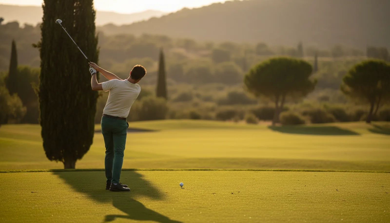 Golfista haciendo un swing de práctica junto a su bola en la calle, con luz rasante de tarde