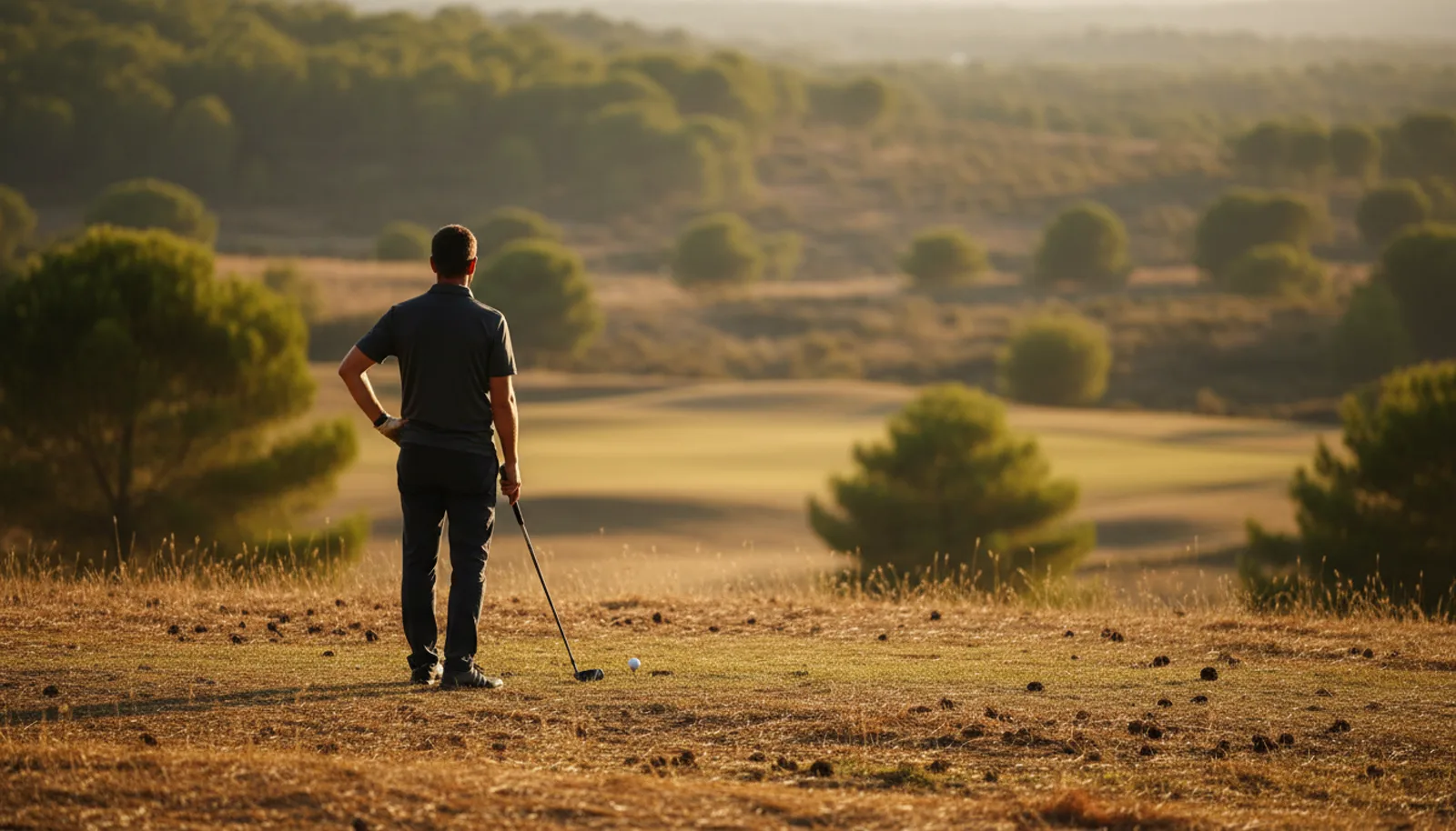 Golfista de espaldas preparando un golpe desde el rough, sin prisa, a la luz cálida de la tarde