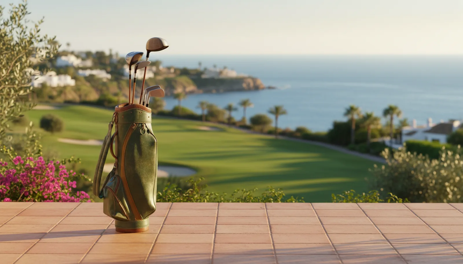 Bolsa de palos apoyada en una terraza soleada con el mar de fondo, ambiente de vacaciones