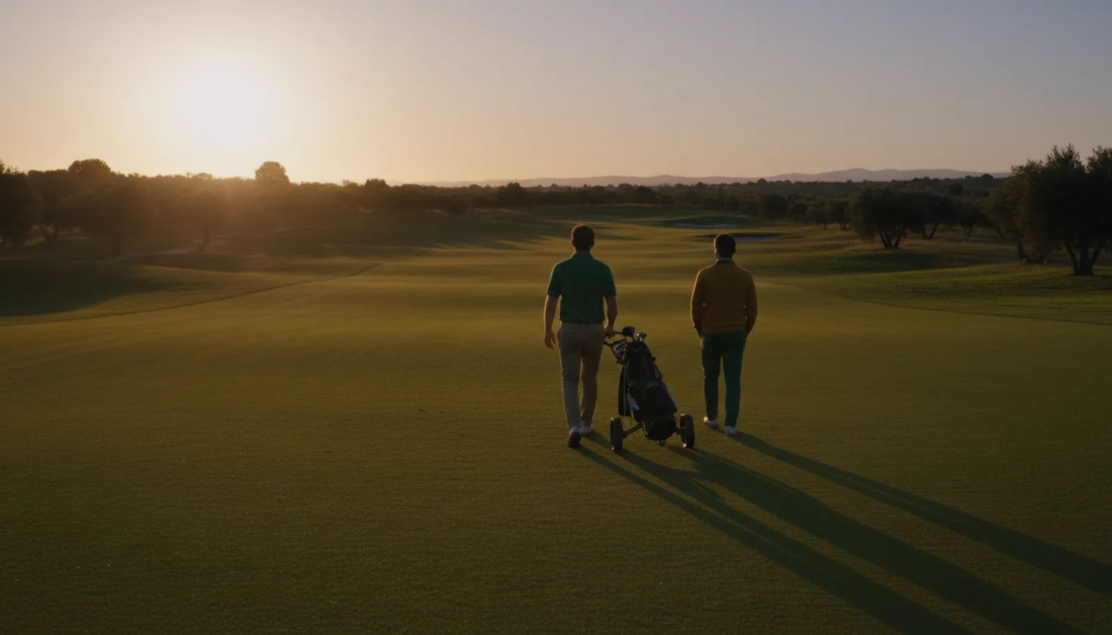 Dos golfistas caminando juntos por la calle al atardecer compartiendo un carro, vistos desde atrás