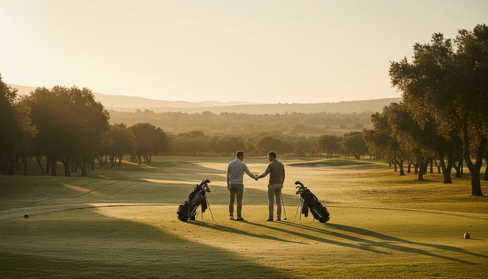 Dos golfistas que acaban de conocerse saludándose en el tee del uno, con las bolsas al lado, a primera hora